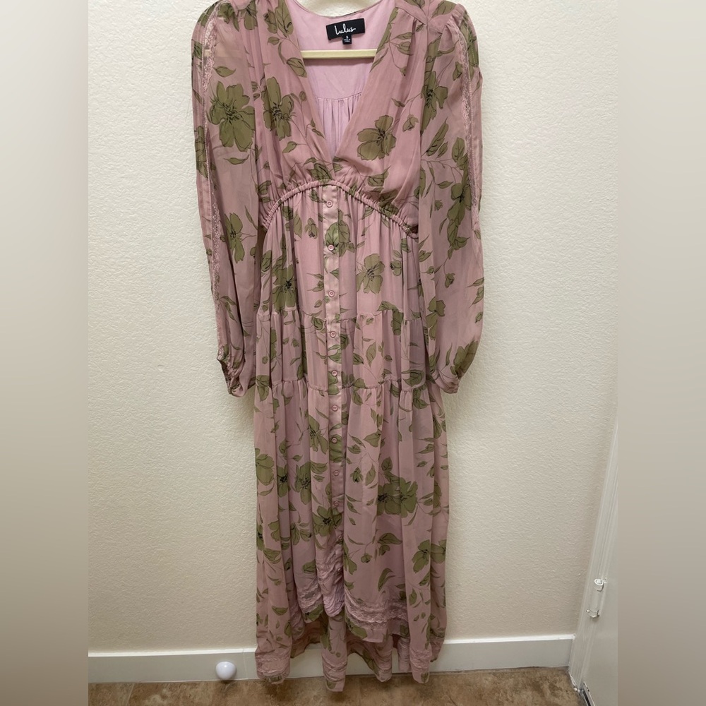 Lulu's Blush and Olive Long Sleeve Maxi Dress